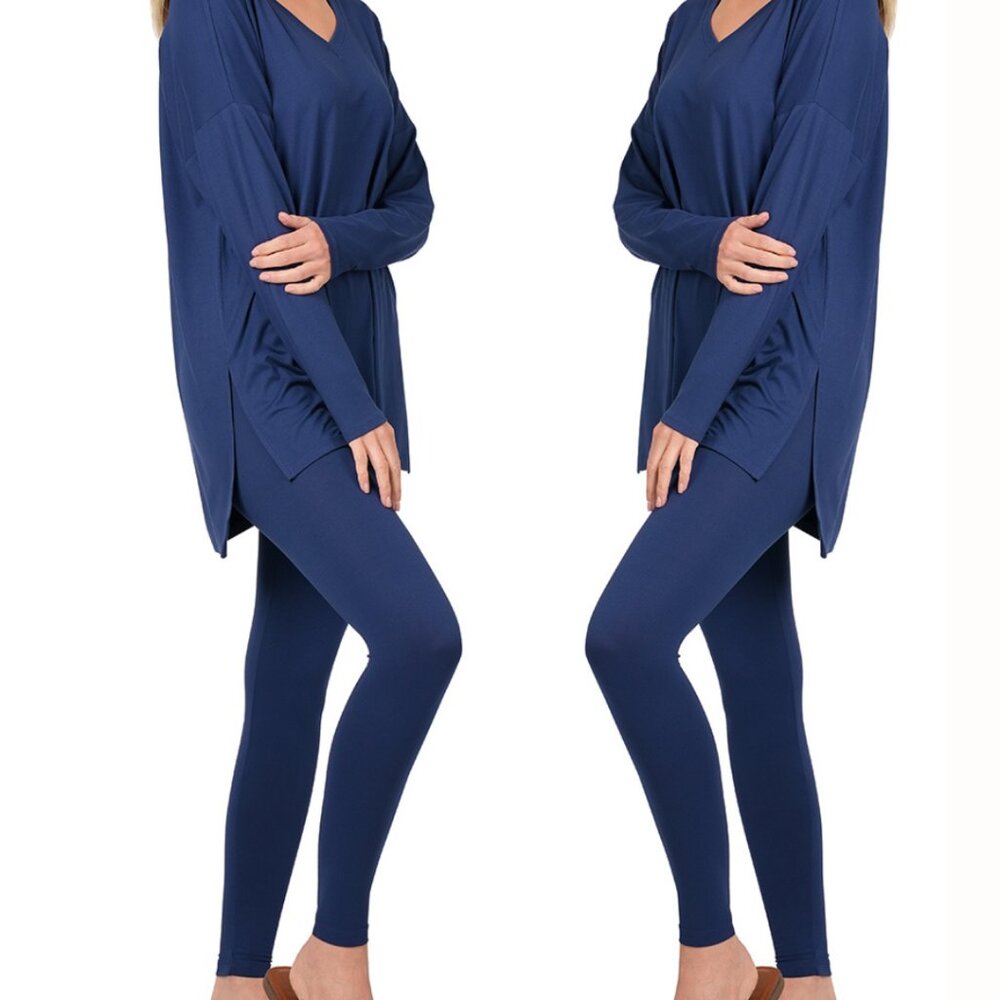 V‑Neck Long‑Sleeve Loungewear Leggings Set – Buttery Soft Brushed DTY Microfiber